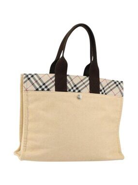 BURBERRY Nova Check Blue Label Tote Bag Nylon Beige Silver